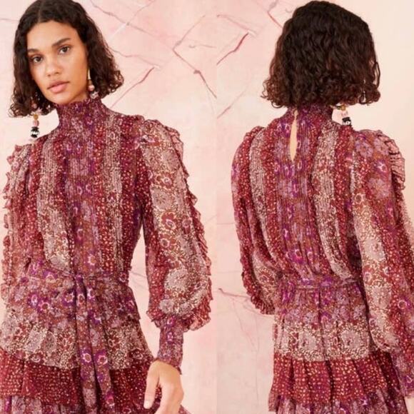 Ulla Johnson Tops - ULLA JOHNSON Elita Ruffle Long Sleeve Blouse Claret Patchwork Size 0 XS Preowned